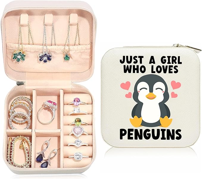 Penguin Travel Jewelry Case,Jewelry Box Travel Organizer Small PU Leather Rings Earrings Necklaces Storage Box Valentine's Day Penguin Gifts for Women,Daughter, Girlfriend,Mom,Wife,Bridesmaids