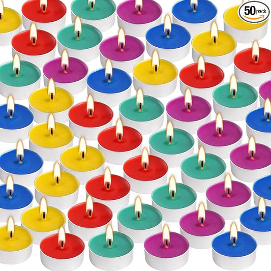 50 Pack Unscented Assorted Colors Tealights Candle - 4+Hour Clean-Burning Votive Smokeless Tea Lights for Home Decor, Rituals, Shabbat & Anniversaries & Relaxation.