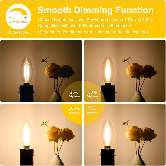 12-Pack Dimmable E12 LED Candelabra Bulbs 60W Equivalent, 3000K Soft Warm White, 600 Lumens B11 Candle Base 6W C35 LED Filament Vintage Light Bulbs, Clear Glass for Chandelier Ceiling Fan High CRI 90+