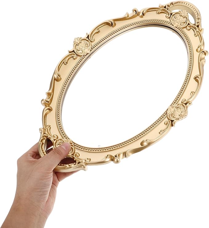 Vintage Decorative Wall-Mounted Mirror with Baroque Embossed Frame, 36x23cm Dark Gold Oval Makeup Vanity Tray, Retro Princess Style Jewelry and Makeup Organizer for Bedroom Wall