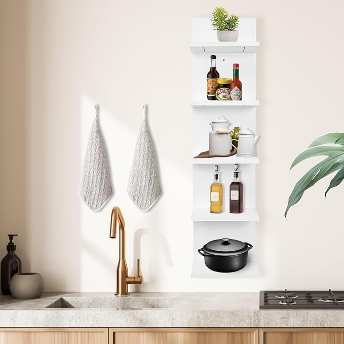 Wooden 5 Tier Wall Shelf,Vertical Column Floating Storage Home Decor Organizer,Floating Shelf Wall Decor Shelves for Bedroom, Living Room,Vanity(White)