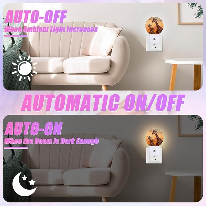 Funny Giraffe Night Light African Animal Night Lights LED Lamp Round Plug into Wall Nightlight with Dusk to Dawn Sensor Home Hallway Stairway Kitchen Decor