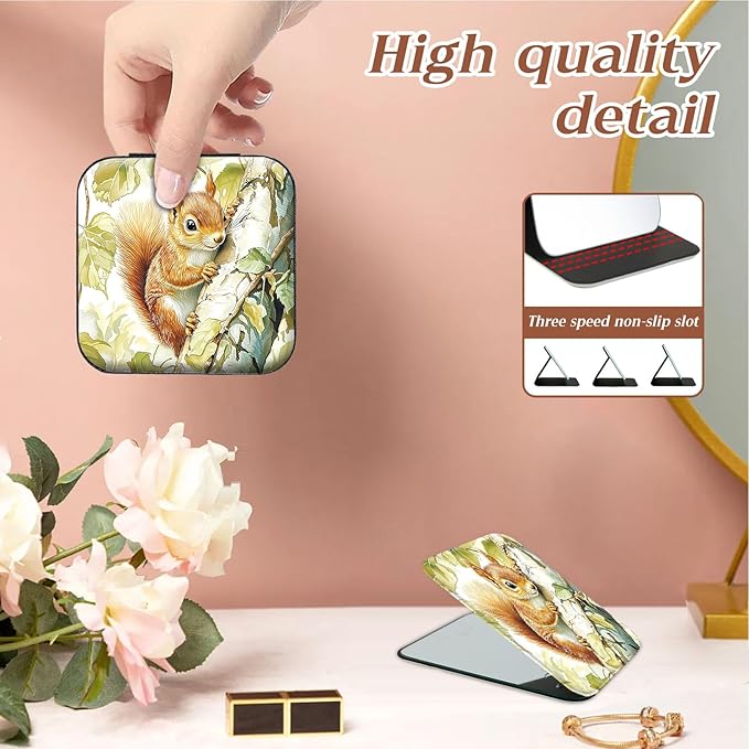 Travel Jewelry Case with Compact Mirror, Cute Little Squirrel Exquisite PU Leather Jewelry Boxes for Women, Best Gifts for People Who Travel - Dainty Jewelry Organizer