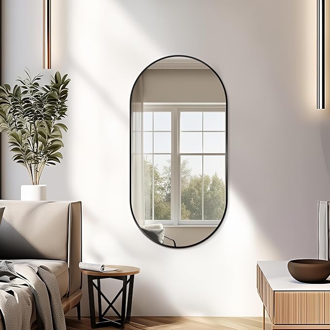 Oval Full Length Mirror, 60"×30" Wall-Mounted Mirror with Metal Frame, Ultra-Clear Explosion-Proof Dressing Mirror, Simple and Classic Deco for Cloakroom/Bedroom/Living Room, Black