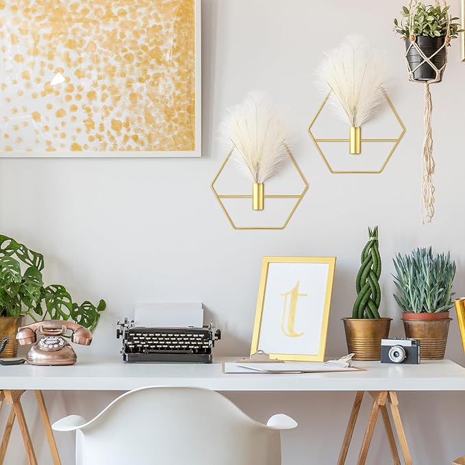 Peryiter 2 Pcs Boho Wall Decor Metal Gold Wall Art Hanging Planters with Artificial Pampas Modern Home Decor Display Art for Living Room Bedroom Bathroom(Hexagon)