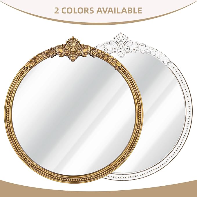 Farmhouse Round Wood Mirror - 30x30 Inches Antique Gold Baroque Wall Mirror, Ornate Beaded Decorative Mirror for Mantel, Living Room