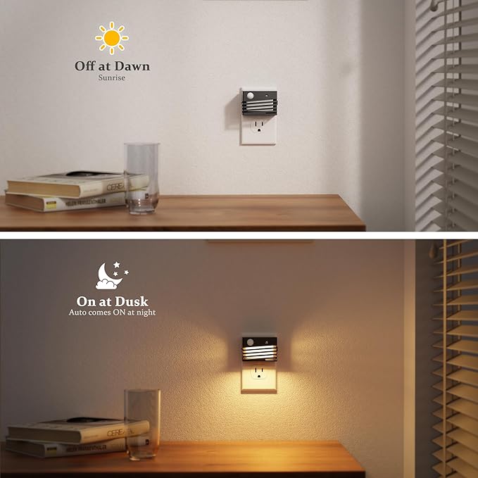 JandCase Motion Sensor Night Light, [2 Pack] Night Lights Plug into Wall, Dusk to Dawn & Motion Sensor, 3 Level Brightness Dimmable Plug in Night Light, 3000K Nightlight for Bedroom Bathroom Hallway