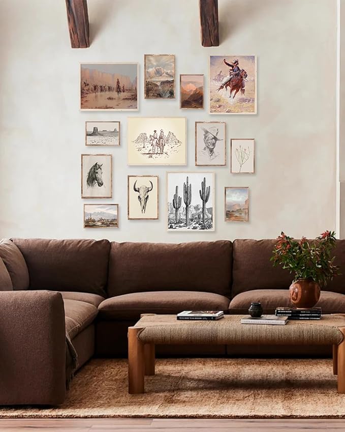 KBKBART Vintage Western Wall Art Prints, Farmhouse Western Cowboy Canvas Pictures, Southwestern Boho Ranch Desert Wall Decor Aesthetic for Bedroom, Bathroom Decor, Southwest Prints for Home (Unframed- Set of 13)