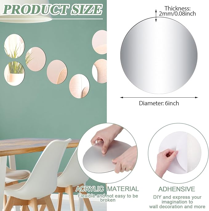Cindeer Set of 24 Acrylic Round Mirror Plate Circle Mirror Trays Wedding Baby Shower Party Centerpieces for Tables Self Adhesive Non Glass Stickers for Home or Wall Candle Crafts Decor(6 Inch)