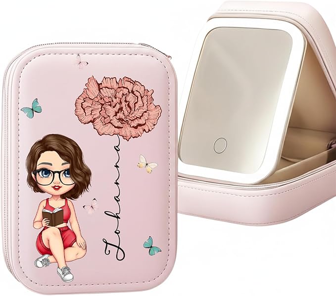WANDERPRINT Personalized Floral Makeup Box with LED Mirror – Custom Name Birth Month Flower Jewelry Organizer, Travel Cosmetic Case Gift for Women & Girls on Christmas Birthday (Birth Month Girl 2)