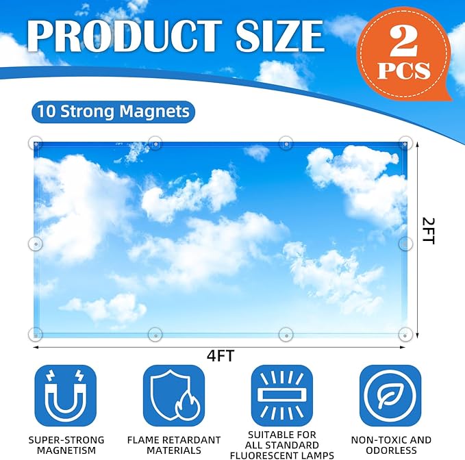 ANGSYLTH 2 Pcs Fluorescent Light Covers - 4 x 2 Feet Covers for Ceiling Lights, Magnetic Light Filters for Classroom, Office, Hospitals, Home