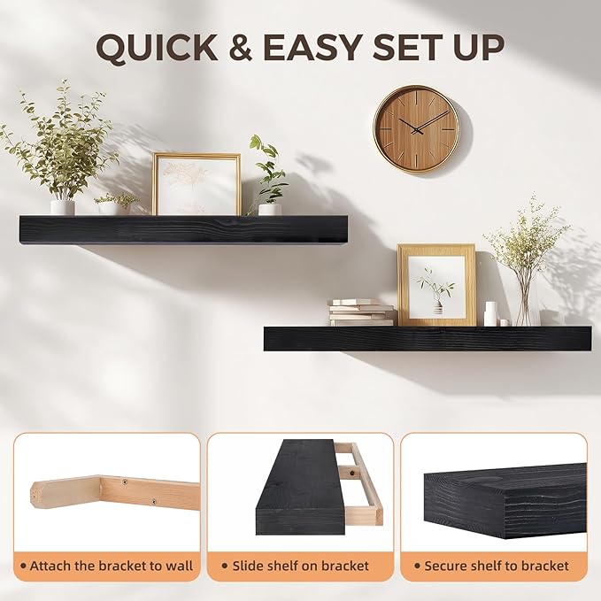 36x6.8x2 Inch Rustic Floating Shelves for Wall Set of 2 - Black Solid Wood Wall Mounted Shelves with Invisible Bracket, Extended Design for Farmhouse Living Room Bedroom Kitchen Decor