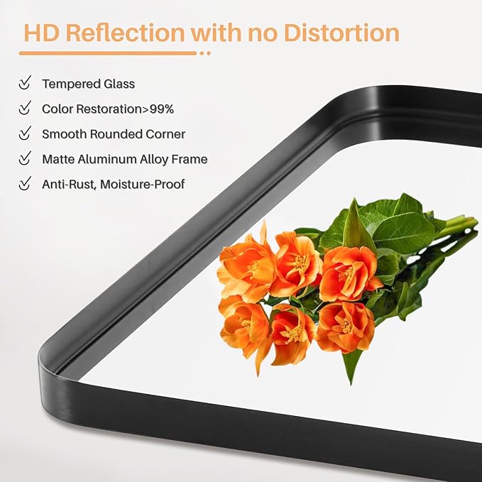 Bathroom Mirror for Wall, 40x30 Inch Rounded Rectangle Mirror, Black Metal Framed Bathroom Vanity Mirror for Restroom Farmhouse, Anti-Rust, Tempered Glass, Horizontally or Vertically Hanging