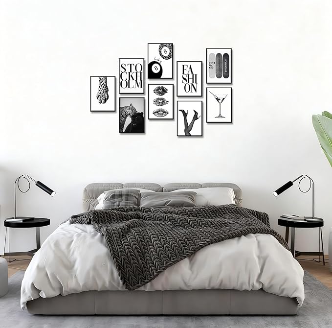 LOARTVE 9Pcs Black and White Fashion Wall Art Prints Trendy Leopard Stockholm Cocktail Lucky 8 Ball Pictures Wall Decor Preppy Aesthetic Posters for Girls Bedroom Dorm Apartment Unframed 8x10in