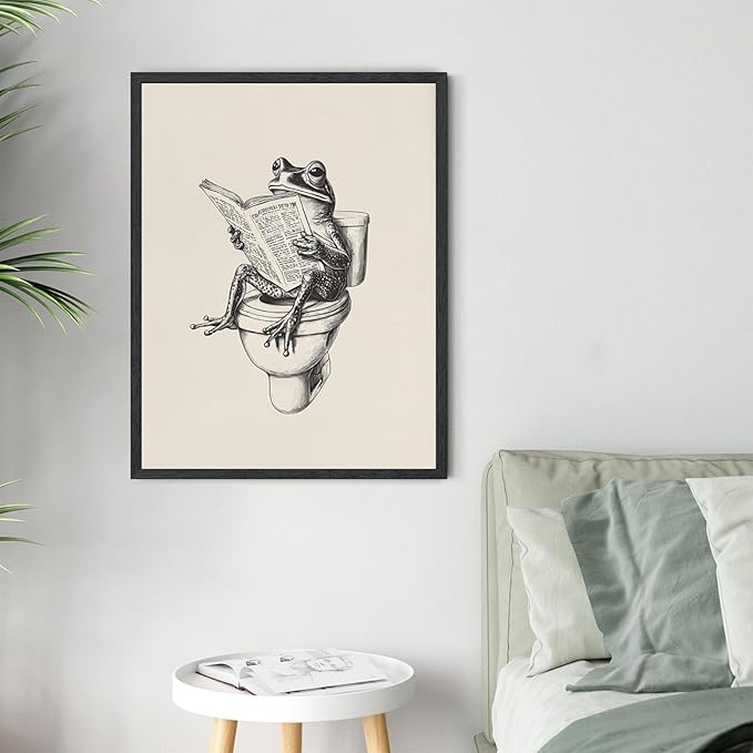 RINMFEO Funny Frog Bathroom Canvas Art Retro Frog on Toilet Reading Newspaper Quirky Wall Decor Playful Animal Poster 16x24inch Black frame