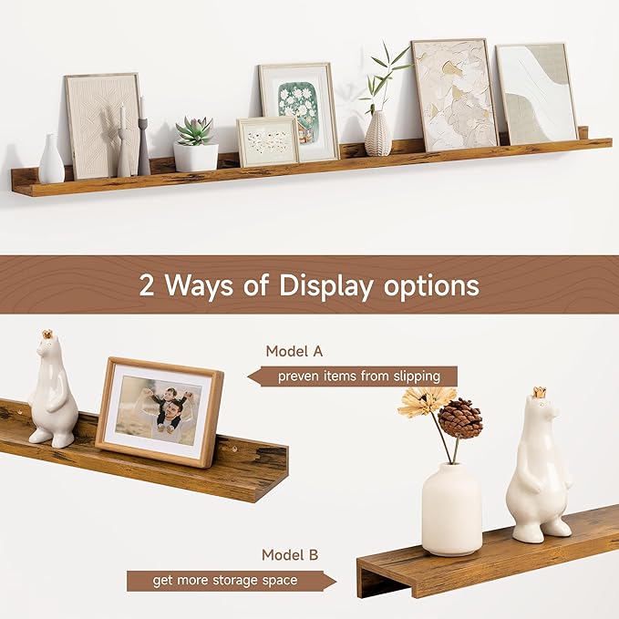 Fun Memories Picture Ledge Shelf, 60 Inch Floating Shelves Set of 2, Large Book Shelves for Toys Storage, Kids Bookshelf Wall Mounted for Wall Decor Books Photo Frames, Rustic Brown