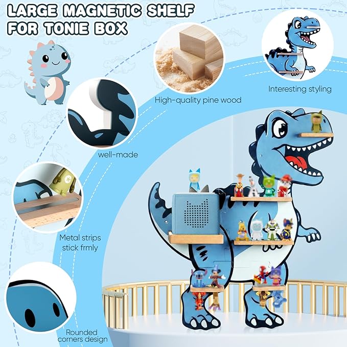 Tonie Shelf for Tonies Box 2/1 - Tonies Storage Shelf for Toniebox, Magnetic Dinosaur Wooden Floating Shelf for 30 Tonie Characters, Wall Mounted Shelf for Boys and Girls, Velociraptor