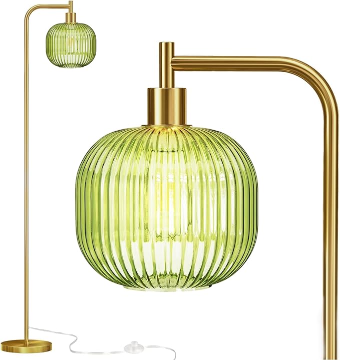 Mid Century Modern Floor Lamp, 67" Tall Standing Lamp with Transparent Green Glass Shade, Vintage Gold Floor Lamp for Living Room Bedroom, Stable 6.2lbs Weighted Base, ST64 LED Bulb Included