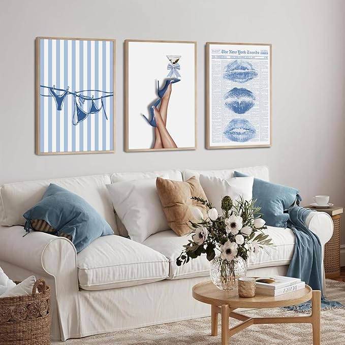 Blue Coquette Wall Art Decor Preppy Trendy Aesthetic Posters Funky Retro Y2k Canvas Wall Art Decor Blue Bow Bikini Lips Prints Girly Room Artwork for Dorm Bedroom 16x24 Inch Unframed Set of 3