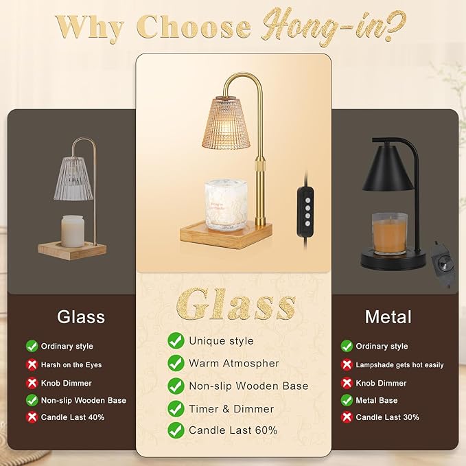 Hong-in Adjustable Height Candle Warmer Lamp with Timer Dimmer,Birthday Gifts for Women Mom,House Warming Gifts New Home Room Decor,Vintage Wax Warmer for Scented Wax Jar Candles(Amber)