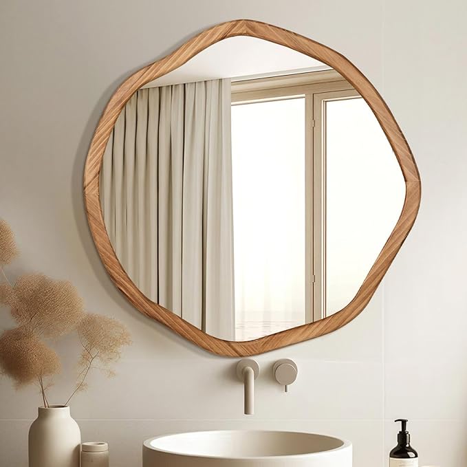 ULIKE Round Wood Mirror, 30 Inch Irregular Circle Vanity Wall Mirror with Wooden Frame, Rustic Decorative Wall Mount for Bathroom Bedroom Living Room Entryway, Rustic Brown
