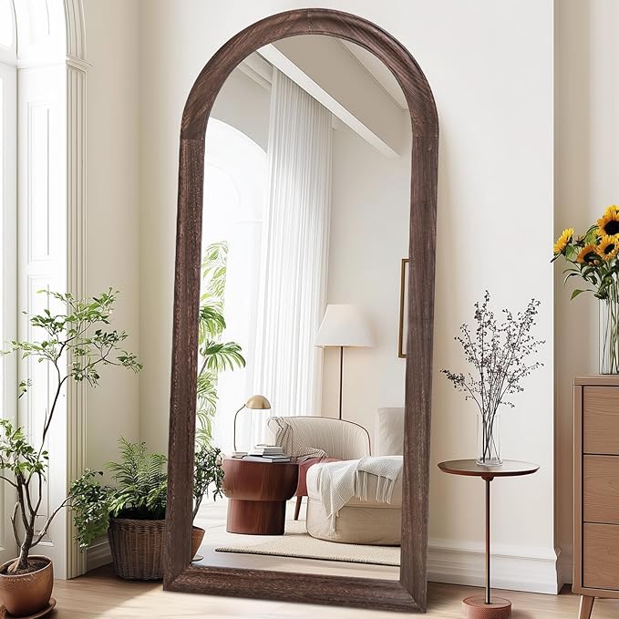 Arched Full Length Mirror 71"x32" - Rustic Brown Solid Wood Wall Mirror, Oversized Leaning or Mounted Design for Bedroom, Entryway, Living Room Décor