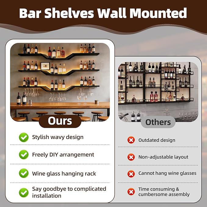 39.4" Large Modern Wall Mounted Wine Rack with LED Light, 3-Tier Floating Bar Shelves, Large Bar Shelf with Wine Glass Rack, for Home Bars and Restaurants, Black