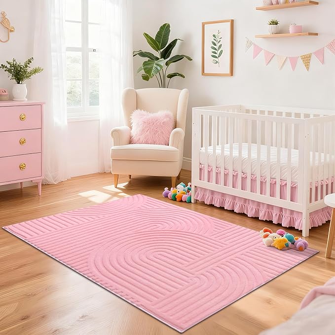 Pauwer Pink Area Rug for Girls Bedroom 3x5 Soft Fluffy Non Slip Machine Washable Rugs Arch Modern Indoor Mat Fuzzy Floor Carpet for Kids Nursery Living Room Dorm Playroom Dining Baby Home Decor