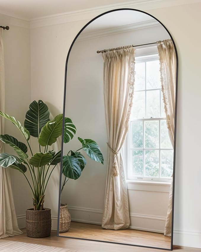 Antok Full Length Mirror, 46"x86" Floor Mirror with Stand, Hanging Mounted Mirrors for Bedroom, Living Room, Cloakroom, Dining Room, Black, Arched