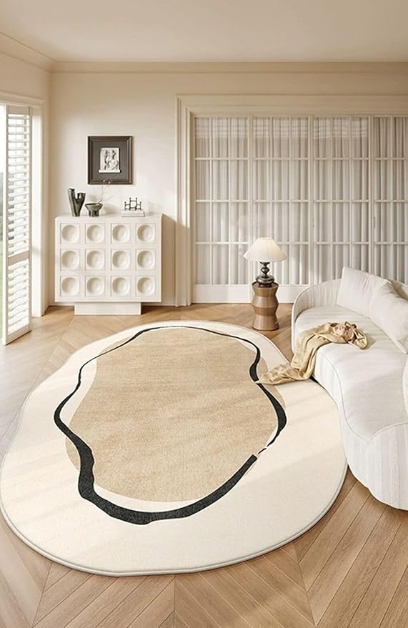 Beige Brown Irregular Shape Rug 4x6 Modern Abstract Black Striped Irregular Rug for Bedroom Diningroom Living Room Washable Odd Shaped Rugs Minimalist Aesthetics Home Office Guestroom Indoor Carpet