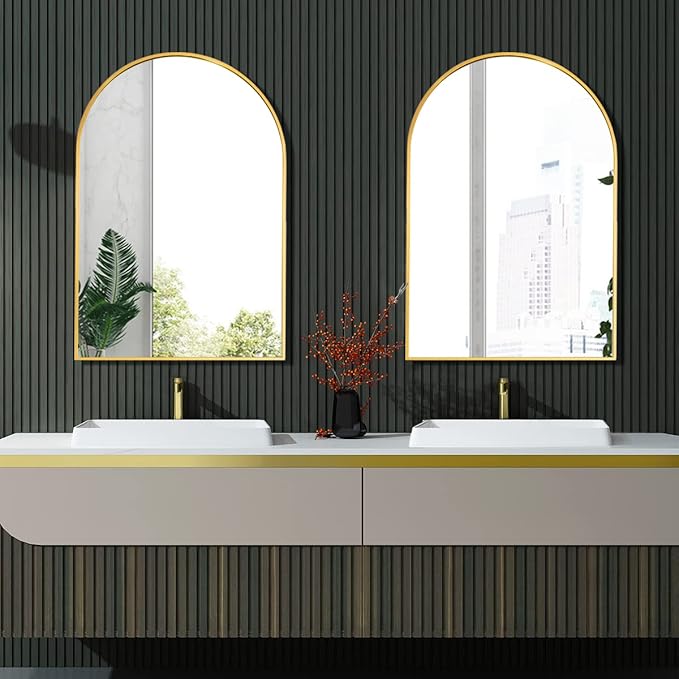 Arched Wall Mirror, Gold Decorative Hanging Mirror, 36"x24" Vanity Mirror Brushed Aluminum Alloy Frame for Bathroom, Bedroom, Living Room, Entryway, Hang Vertical or Horizontal