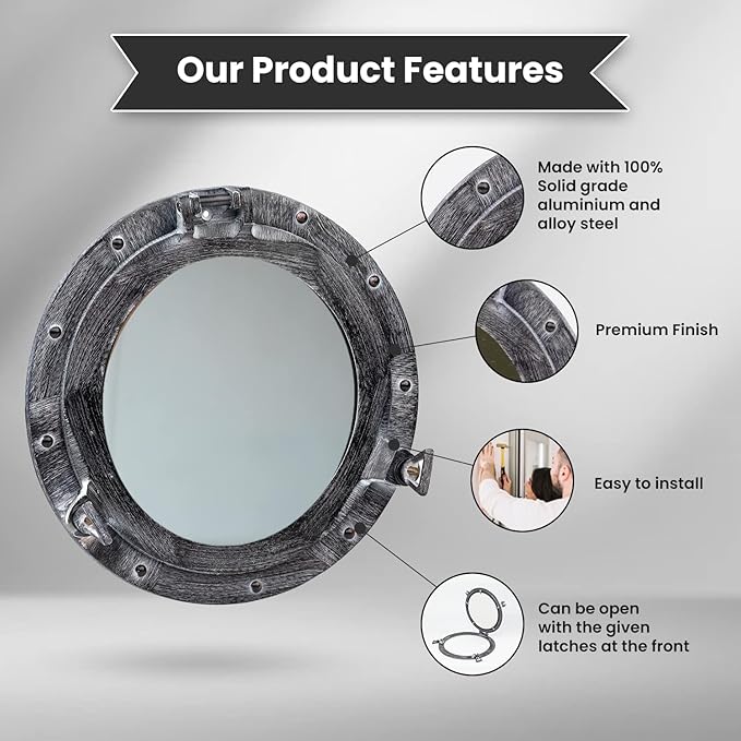17 Inch Bathroom Wall Decor Ship Porthole Mirror with Antique Gray Finish – Vintage Round Wall Mounted Mirror for Bathroom Vanity, Nautical Pirate Coastal Vintage Home Décor