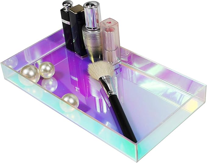 Iridescent Acrylic Tray 10.5" x 5.5", Vanity Tray for Dresser with Non-Slip Base, Small Bathroom Countertop Organizer for Makeup Perfume Jewelry, Cute Aesthetic Gift for Women, Purple