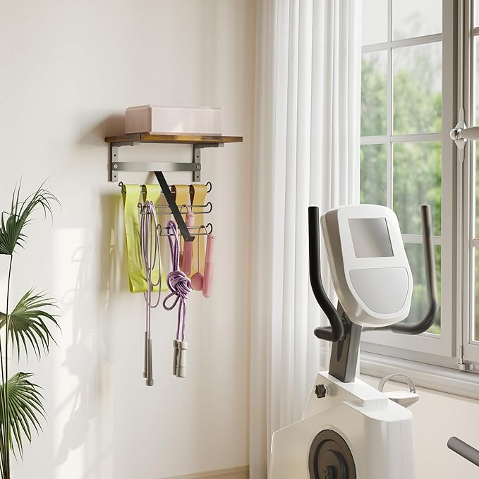 TJ.MOREE Resistance Rack Band Storage Hanger with Shelf Gym Equipment Organizer, Storage Rack for Home Gym, Brown