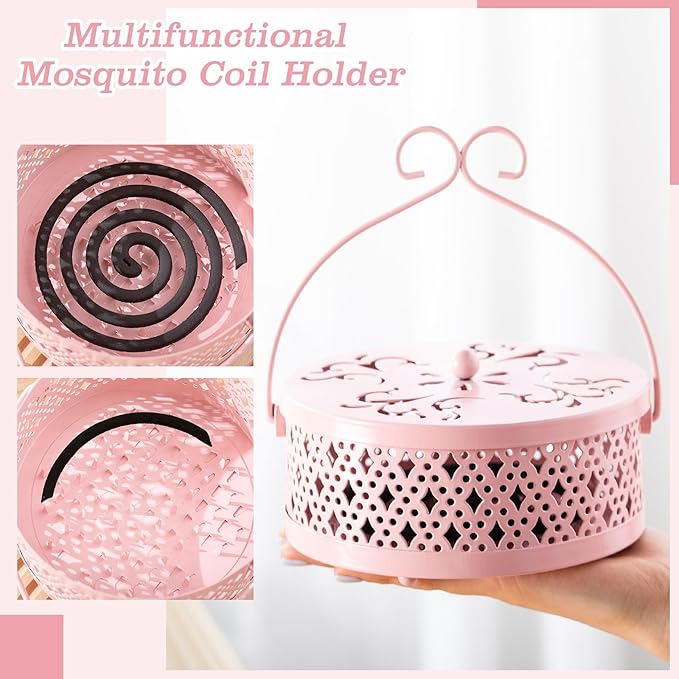 Lallisa 2 Pieces Incense Coil Holder Mosquito Coil Holder Retro Portable Round Metal Hanging Incense Burner Holders with Handle for Home Indoor Outdoor Camping Patio (Pink)