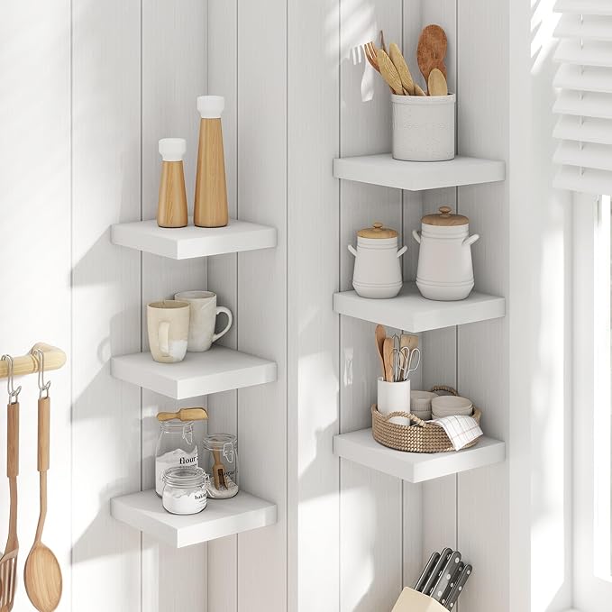 8 Inch Floating Shelves for Wall with Invisible Brackets Set of 3, 8"D Engineered Wood Wall Shelves with Wood Grain for Living Room, Bedroom, Bathroom, Kitchen Decor and Storage, White Finish