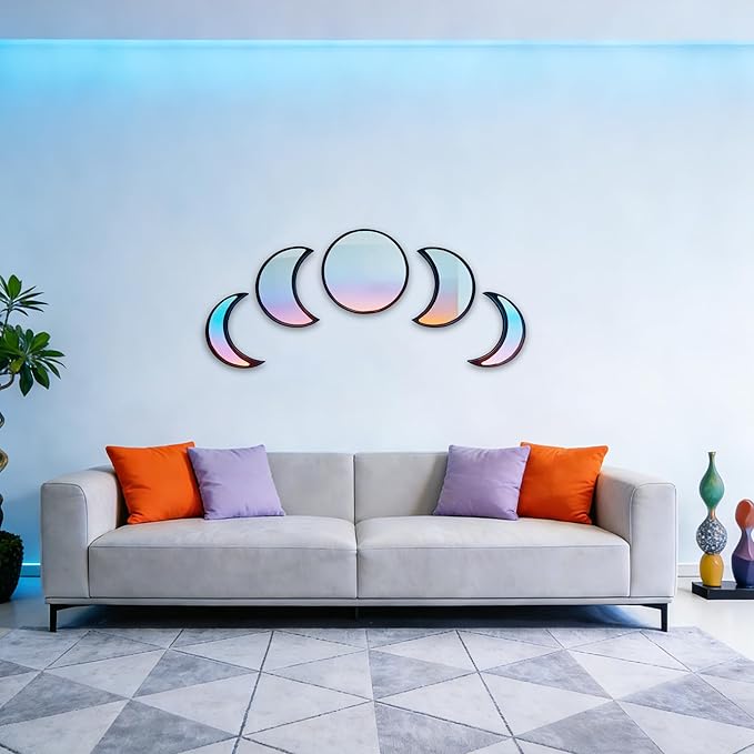 5-piece Set of Moon Phase Mirror Decorations in Nordic Style, Acrylic Mirror paired with Wooden Combination, Bohemian Style Living Room Bedroom Home Decoration, Black (Black)