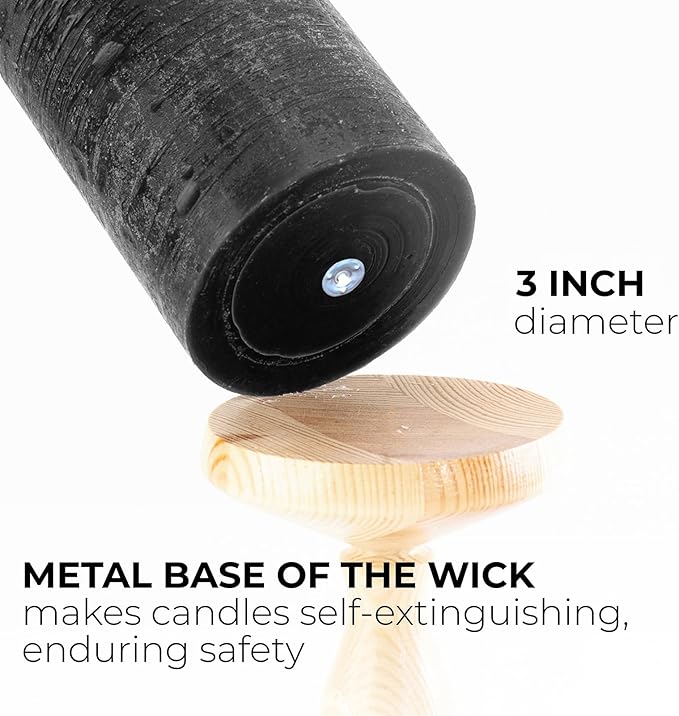 CANDWAX 3x3 Pillar Candles Set of 3 - Rustic Unscented No Drip Black Candles for Halloween Decor, Parties, Gothic Décor