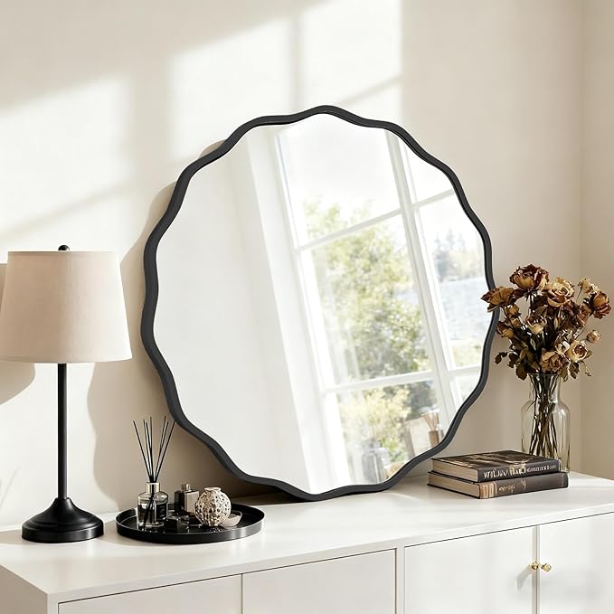 HOMECOOKIN 28 Inch Wavy Round Wall Mirror, Round Wavy Wall Mirror with Aluminum Frame for Bathroom Upgrades, Hotels, Dressing Tables,Farmhouses