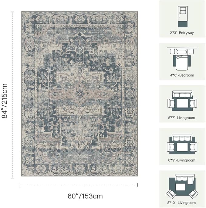 Rugxara 5x7 Area Rugs for Living Room Bedroom, Blue Washable Rug, Vintage Retro Boho Rug, Non Slip & Low Pile Faux Wool Thin Carpet for Indoor Dining Room and Kids Room(Blue 5x7ft)