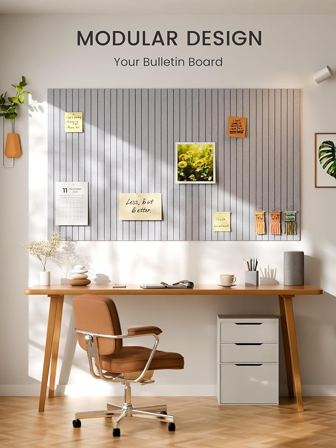 Bumusty Large Cork Board Alternative-36 x 24" Felt Bulletin Board Tiles, with 30 Pushpins, 40 Adhesive Tabs, Fine-Stripe 6-Pack, Cork Boards for Office Push Pin Board Felt Board-Soft Gray
