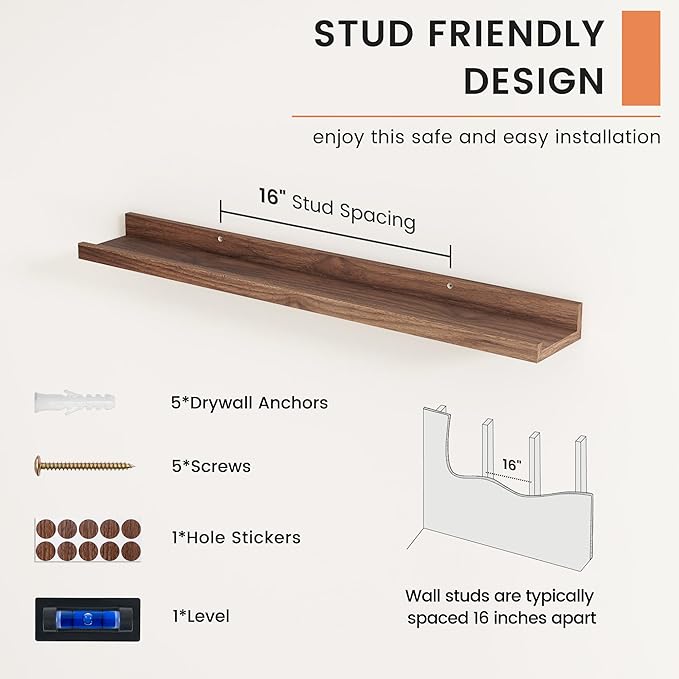 FLYJOE Picture Ledge Shelf, Floating Shelves Set of 2, 32 Inches Nursery Book Shelves for Toys Storage, Kids Bookshelf Wall Mounted for Living Room Bedroom Decor Books Photo Frames, Walnut