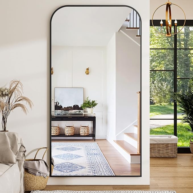 Full Length Mirror 86"x40" Arched Floor Standing Large Mirrors Full Body Mirror with Stand - with Aluminum Frame for Bedroom Living Room, Black
