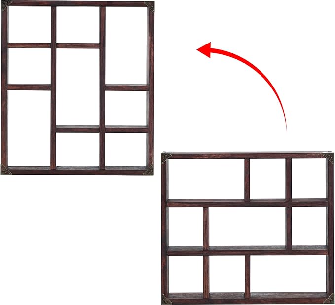 17.7x15.7-Inch Shadow Box Shelf 9-Slot Rustic Floating Shelves Larger Wall Mounted Shelf Lightweight Solid Wood Display Shelf Freestanding Farmhouse(Set of 2,9C-Rustic Walnut)