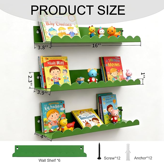 Nursery Book Shelves Set of 6, Green Metal Floating Shelves for Wall, 16 Inch Scalloped Book Shelf for Kids Room, Bathroom, Bedroom, Playroom Wall Decor & Storage
