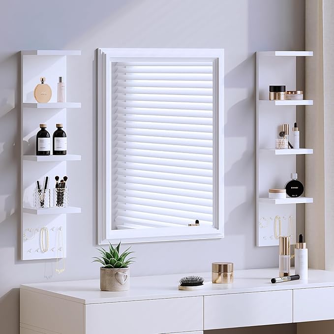 LitaEther 4 Tier White Lack Shelf Vanity Wall Shelf with 10 Crystal Hooks - Multi-Functional Storage for Makeup, Jewelry, Plants, Awards & Display (L7.1 x W5.5 x H30.7) (1)