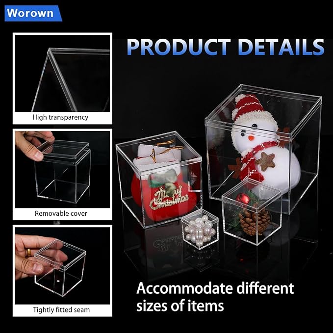 Worown 6 Pcs Acrylic Cube Box with Lid, Clear cube Candy Storage Container, Acrylic Square Cube Boxes for Figures, Cosmetics, Jewelry, Collections (Size 1.3", 2.2", 3", 3.3", 4", 4.7")