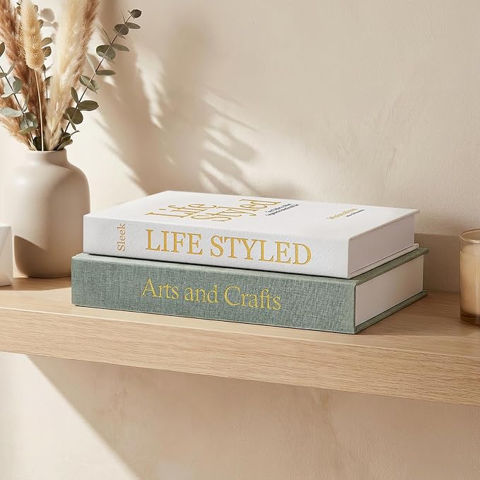 Realistic Decorative Book Boxes with Hidden Storage, Set of 2 Linen Faux Books, Sturdy and Neutral Home Decor for Coffee Table, Bookshelf, Entryway and Office