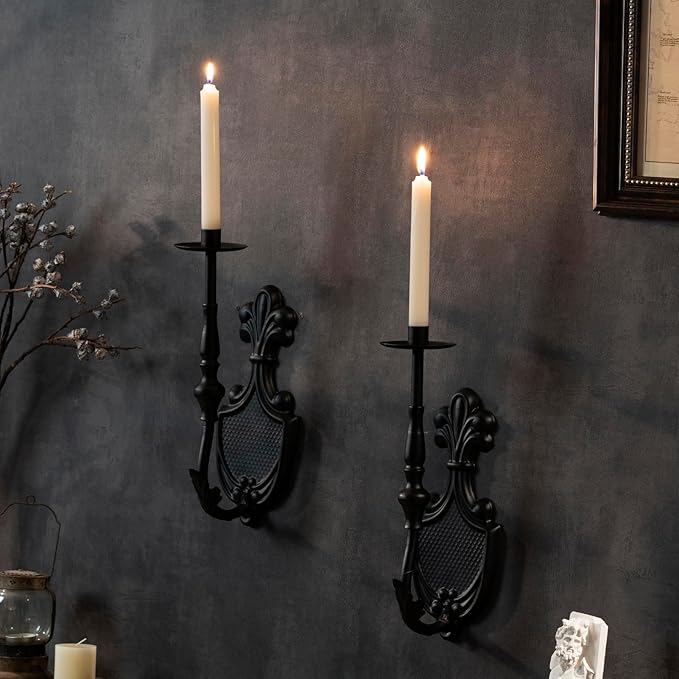 Gothic Wall Sconce Candle Holder for Taper Candles (Set of 2) Black Victorian Wall Decor for Living Room, Bathroom,Dining Room - 14.1 x 4.7 inch