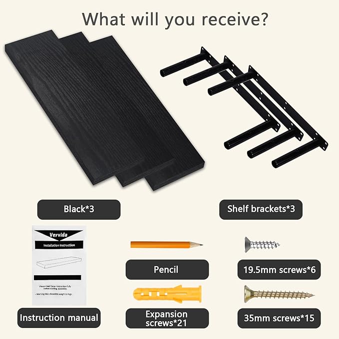 Vervida Black Floating Shelves for Wall, 24" Rustic Wood Deep Wall Mounted Shelves with Invisible Brackets for Decor & Storage, Floating Shelf for Living Room, Bathroom (Set of 3)
